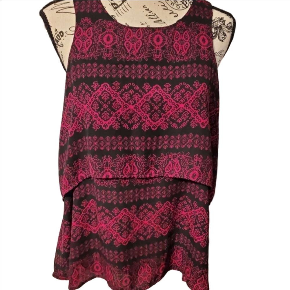 Large Red Black Printed Ruffled Layered Tank Top